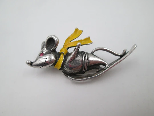 Butler & Wilson brooch. Skier mouse. Silver, enamel and amethyst. 1970s