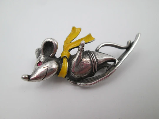 Butler & Wilson brooch. Skier mouse. Silver, enamel and amethyst. 1970s