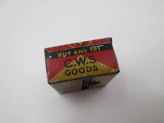 C.W.S. Goods pocket advertising pencil sharpener. Lithographed tinplate. UK, 1930's