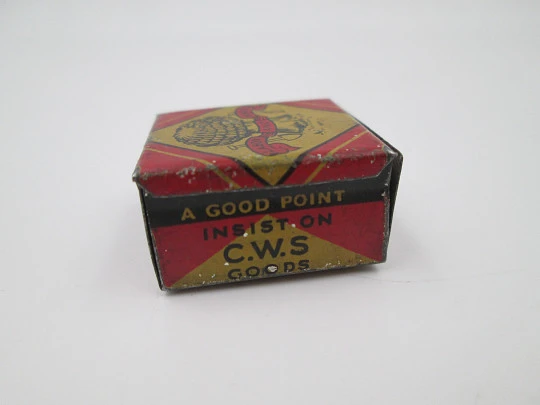 C.W.S. Goods pocket advertising pencil sharpener. Lithographed tinplate. UK, 1930's