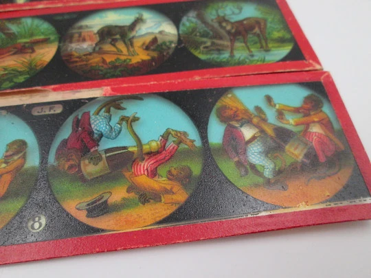 Caja 11 cristales linterna mágica Ernst Plank. Escenas infantiles color. Alemania. 1890