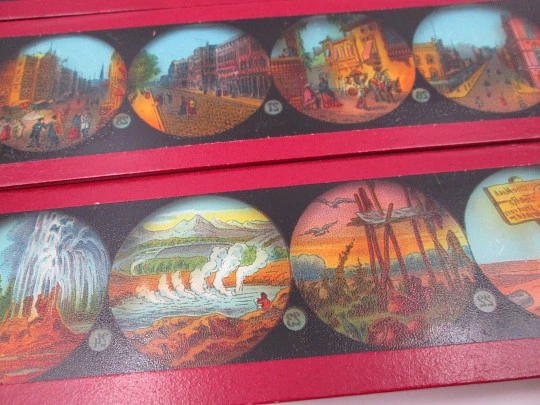 Caja 13 cristales linterna mágica Ernst Plank. Escenas infantiles color. Alemania. 1890
