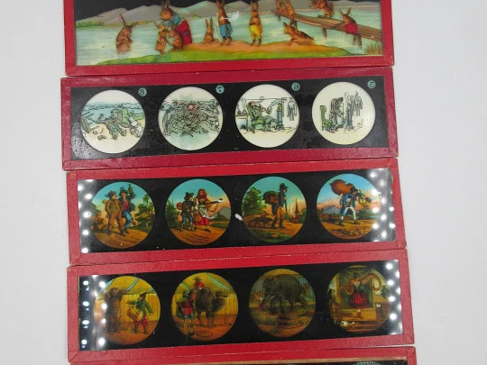 Caja 16 cristales linterna mágica Ernst Plank. Escenas infantiles color. Alemania. 1890