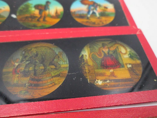 Caja 16 cristales linterna mágica Ernst Plank. Escenas infantiles color. Alemania. 1890
