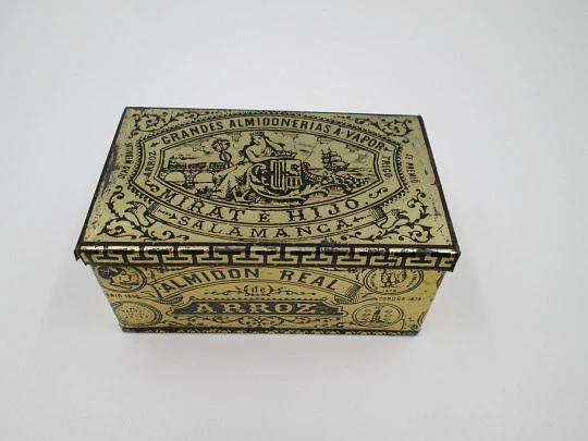 Caja de hojalata litografiada. Almidonerías Mirat e Hijo. Salamanca. 1880