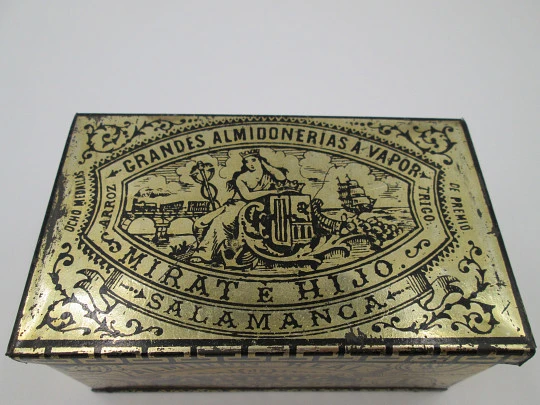 Caja de hojalata litografiada. Almidonerías Mirat e Hijo. Salamanca. 1880