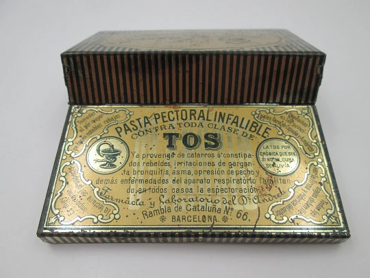 Caja de hojalata litografiada. Pasta pectoral para la tos del Doctor Andreu. 1920