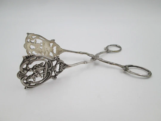 Cake pie scissor serving tongs. Sterling silver. Dancers openwork scene. Europe. 1930's