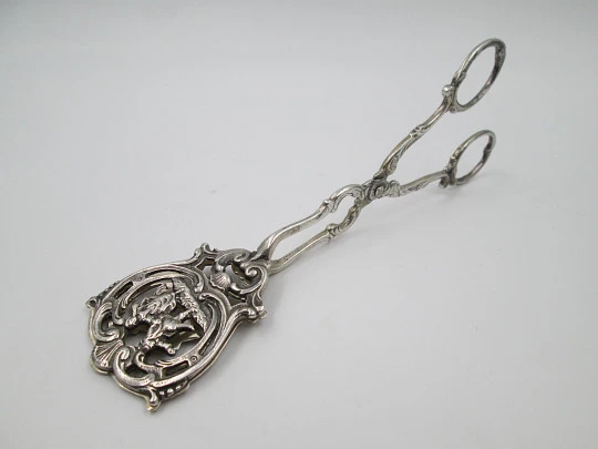 Cake pie scissor serving tongs. Sterling silver. Dancers openwork scene. Europe. 1930's