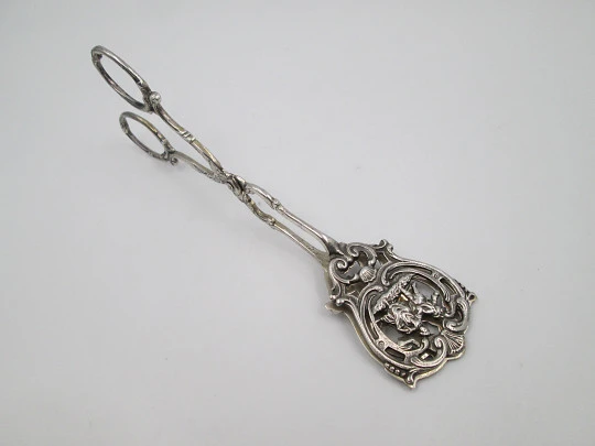 Cake pie scissor serving tongs. Sterling silver. Dancers openwork scene. Europe. 1930's