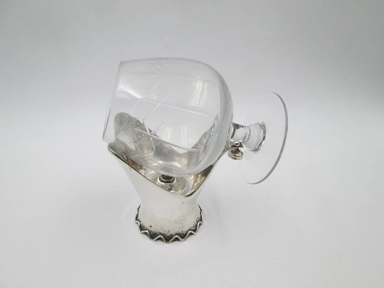 Calienta copas de coñac y brandy. Plata de ley 925 y cristal tallado. Quemador alcohol. 1930