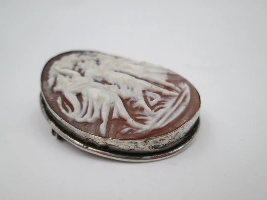 Cameo relief scene nymphs. Pendant brooch with sterling silver frame. Europe. 1940's