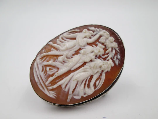 Cameo relief scene nymphs. Pendant brooch with sterling silver frame. Europe. 1940's