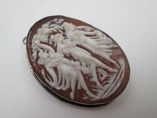 Cameo relief scene nymphs. Pendant brooch with sterling silver frame. Europe. 1940's