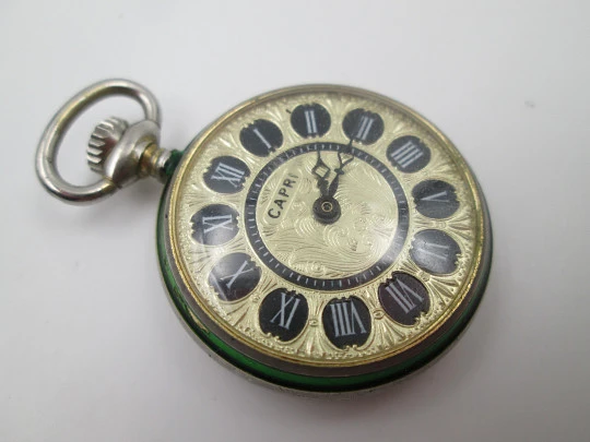 Capri pendant watch. Silver plated & colours enamel. Manual wind. 1960's