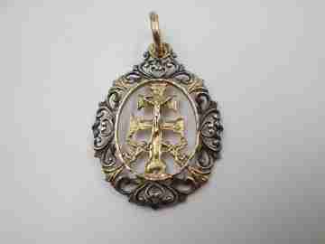 Caravaca cross openwork medal. Sterling silver and vermeil. Vegetable edge. 1980's