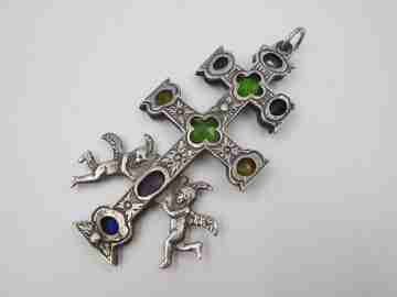 Caravaca cross. Silver and colour stones. Cherubs & vegetable motifs. Spain, 1960's