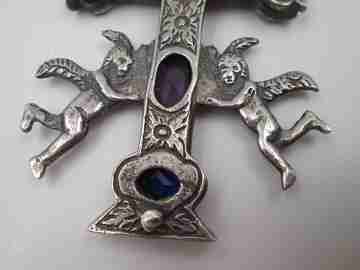 Caravaca cross. Silver and colour stones. Cherubs & vegetable motifs. Spain, 1960's