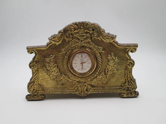 Cards desktop stand / letter holder with Dorex mechanical clock. Gold plated. Swiss. 1960's