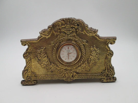 Cards desktop stand / letter holder with Dorex mechanical clock. Gold plated. Swiss. 1960's