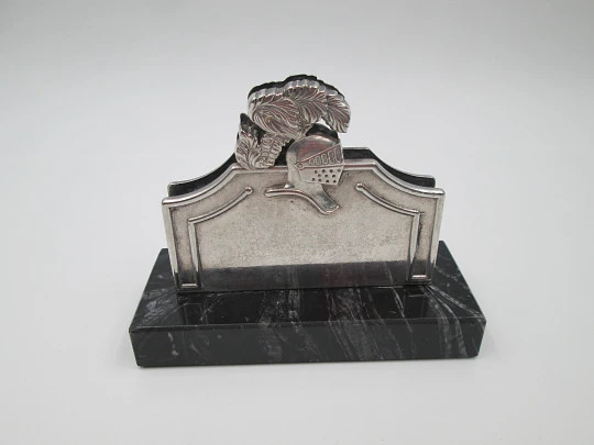 Cards desktop stand / letter holder. Silver plated & marble base. Helmet and shield