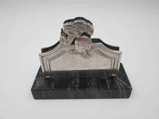 Cards desktop stand / letter holder. Silver plated & marble base. Helmet and shield