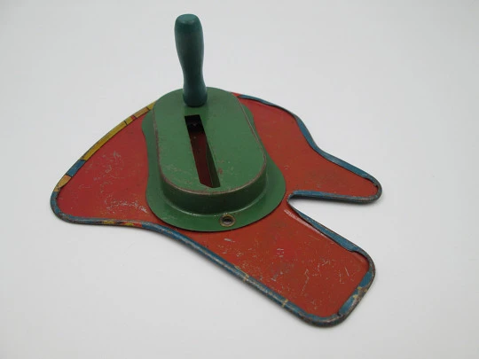 Carraca de juguete US Metal toy. Hojalata litografiada. Escena payaso, 1940. EEUU