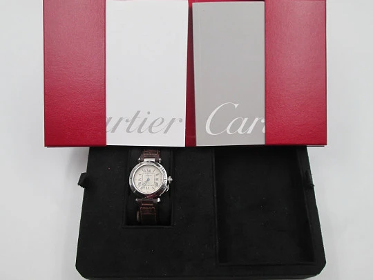 Cartier Pasha Seatimer 100 meters. Steel. Automatic. Calendar. Leather strap. Box