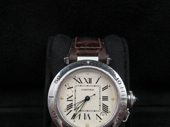 Cartier Pasha Seatimer 100 meters. Steel. Automatic. Calendar. Leather strap. Box