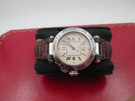 Cartier Pasha Seatimer 100 meters. Steel. Automatic. Calendar. Leather strap. Box