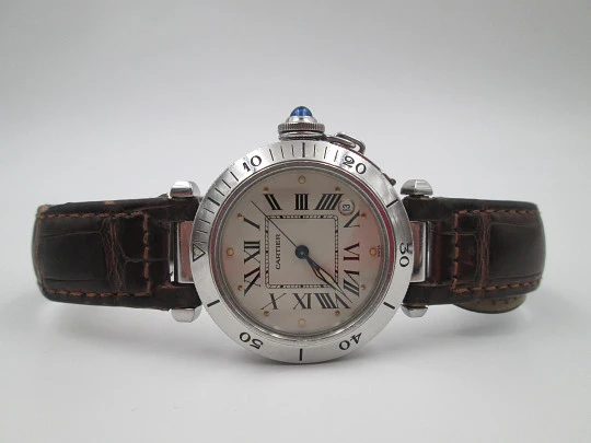 Cartier Pasha Seatimer 100 meters. Steel. Automatic. Calendar. Leather strap. Box