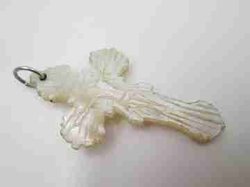 Carved handmade crucifix. Nacre and metal ring top. Latin cross. 1920's. Spain