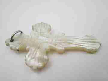 Carved handmade crucifix. Nacre and metal ring top. Latin cross. 1920's. Spain