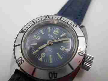 Cauny buceo mujer. Metal cromado y acero. Cuerda. Dial azul. 1960. Suiza