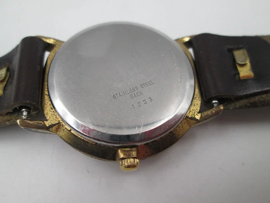 Cauny Darwil. Gold plated and steel. Manual wind. Calendar. Leather strap. 1970's. Swiss Cauny Darwil. Gold plated and steel. Manual wind. Calendar. Leather strap. 1970's. Swiss