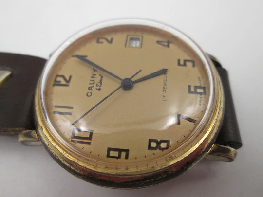 Cauny Darwil. Gold plated and steel. Manual wind. Calendar. Leather strap. 1970's. Swiss Cauny Darwil. Gold plated and steel. Manual wind. Calendar. Leather strap. 1970's. Swiss