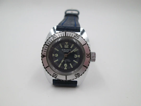 Cauny ladie's dive watch. Steel & chromed metal. Manual wind. Blue dial. 1960's