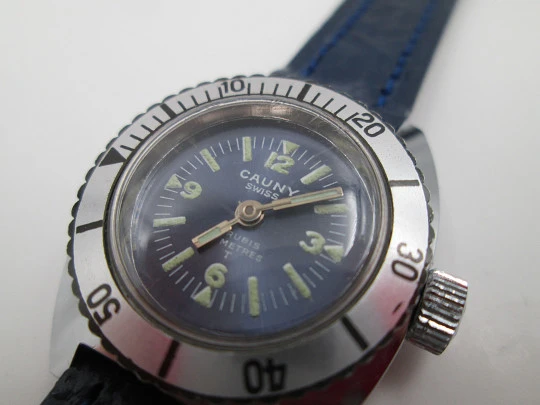 Cauny ladie's dive watch. Steel & chromed metal. Manual wind. Blue dial. 1960's