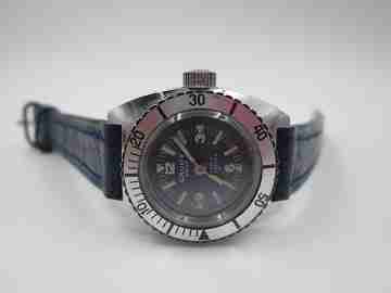 Cauny ladie's dive watch. Steel & chromed metal. Manual wind. Blue dial. 1960's