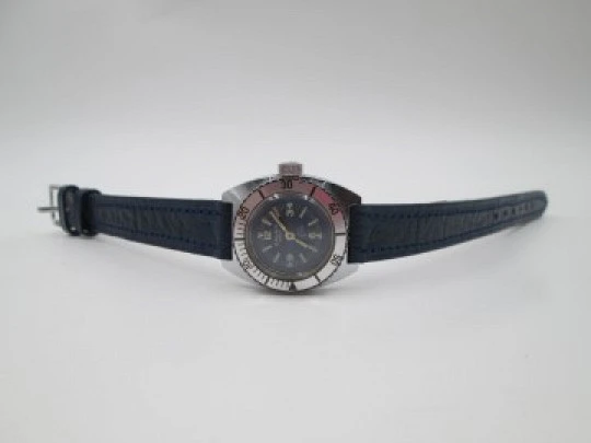 Cauny ladie's dive watch. Steel & chromed metal. Manual wind. Blue dial. 1960's