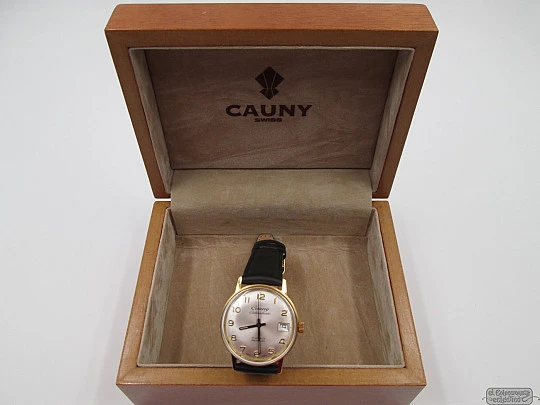 Cauny Prima Calendar. Steel & gold plated. 1960's. Wood box. Date