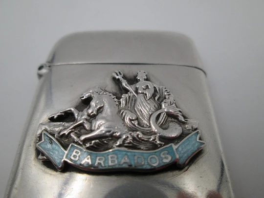 Cerillero. Plata de ley y banda esmalte azul. Barbados. Diosa de la Victoria. 1930