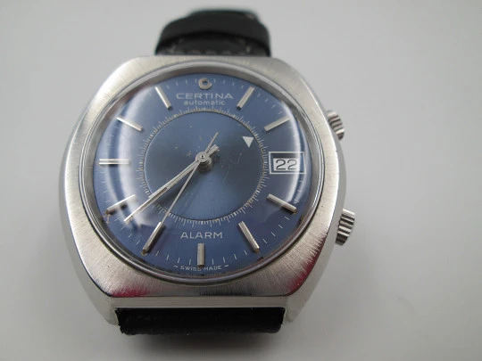 Certina alarm wristwatch. Steel. Automatic. 1970's. Date. Square case