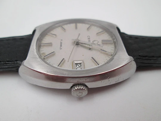 Certina. Acero inoxidable. Cuerda manual. Esfera gris. Calendario. Suiza. 1970