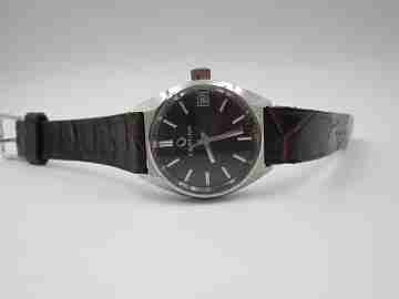 Certina. Stainless steel. Automatic. Calendar. Black dial. Strap. Swiss. 1970's