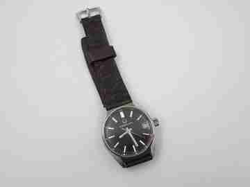 Certina. Stainless steel. Automatic. Calendar. Black dial. Strap. Swiss. 1970's