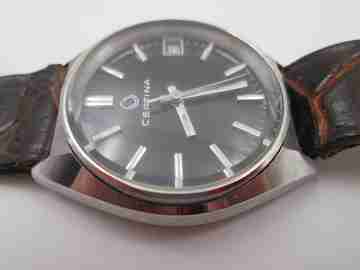 Certina. Stainless steel. Automatic. Calendar. Black dial. Strap. Swiss. 1970's