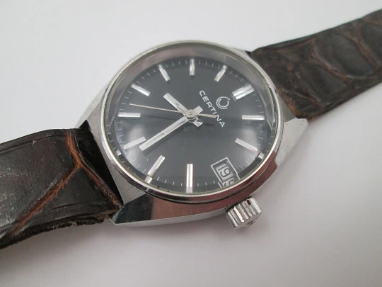 Certina. Stainless steel. Automatic. Calendar. Black dial. Strap. Swiss. 1970's