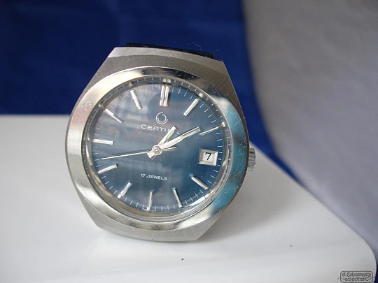 Certina. Stainless steel. Manual winding. 1970's. Calendar. Blue