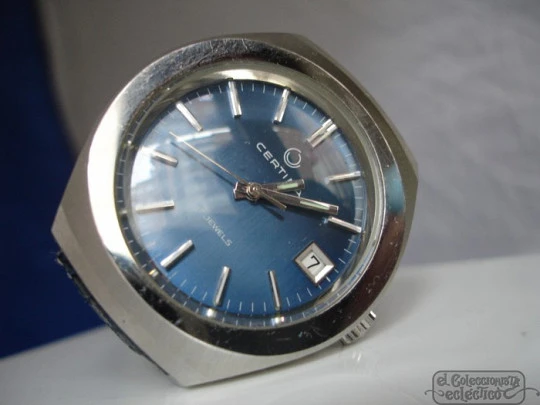 Certina. Stainless steel. Manual winding. 1970's. Calendar. Blue